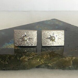 VTG LaMode Sterling Silver 925 Etched Pearl Star Textured Rectangular CuffLinks